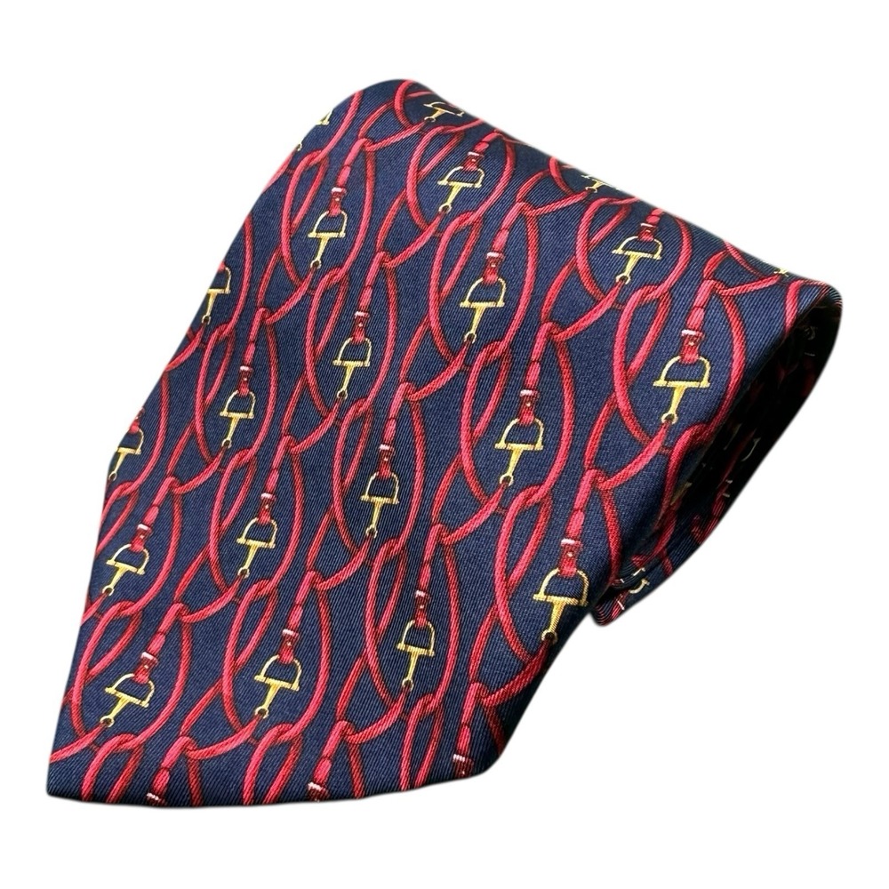Gucci Equestrian Theme Silk Tie Navy Red Horsebit Stirrup Vintage 3.75 Inch